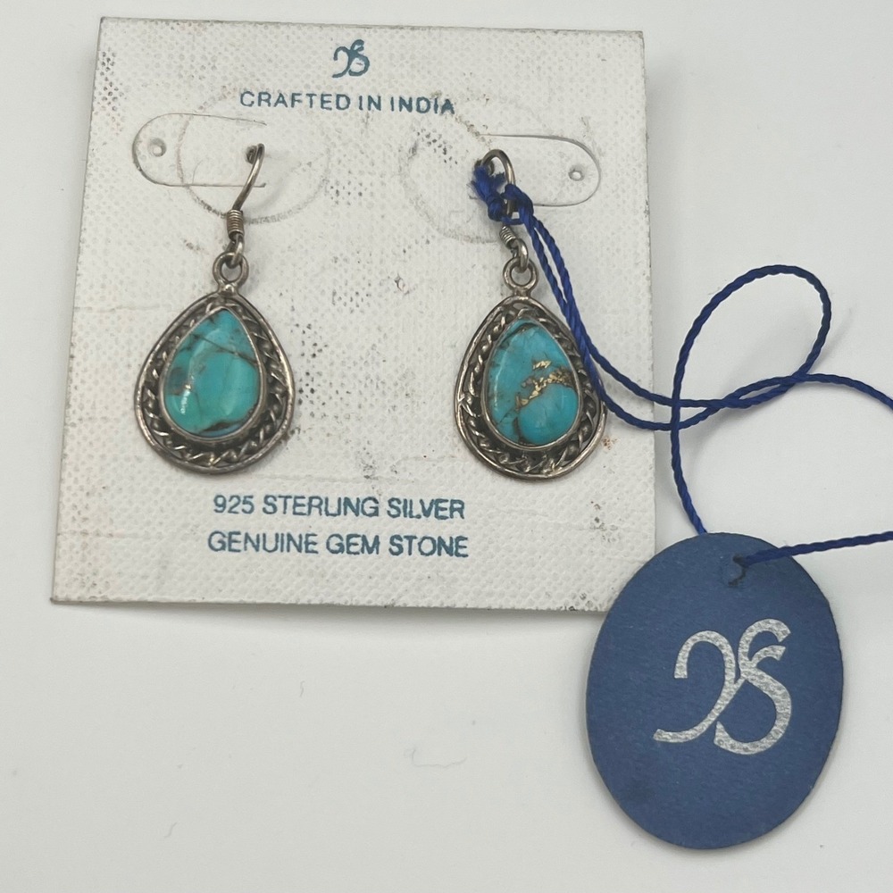 925 Sterling Silver Turquoise Teardrop Dangle Earrings India One Size